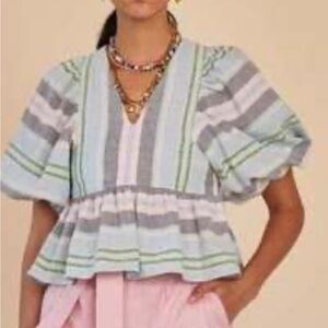 Hunter Bell Puff Sleeve V-Neck Striped Peplum Blouse Linen Landry Size S EUC